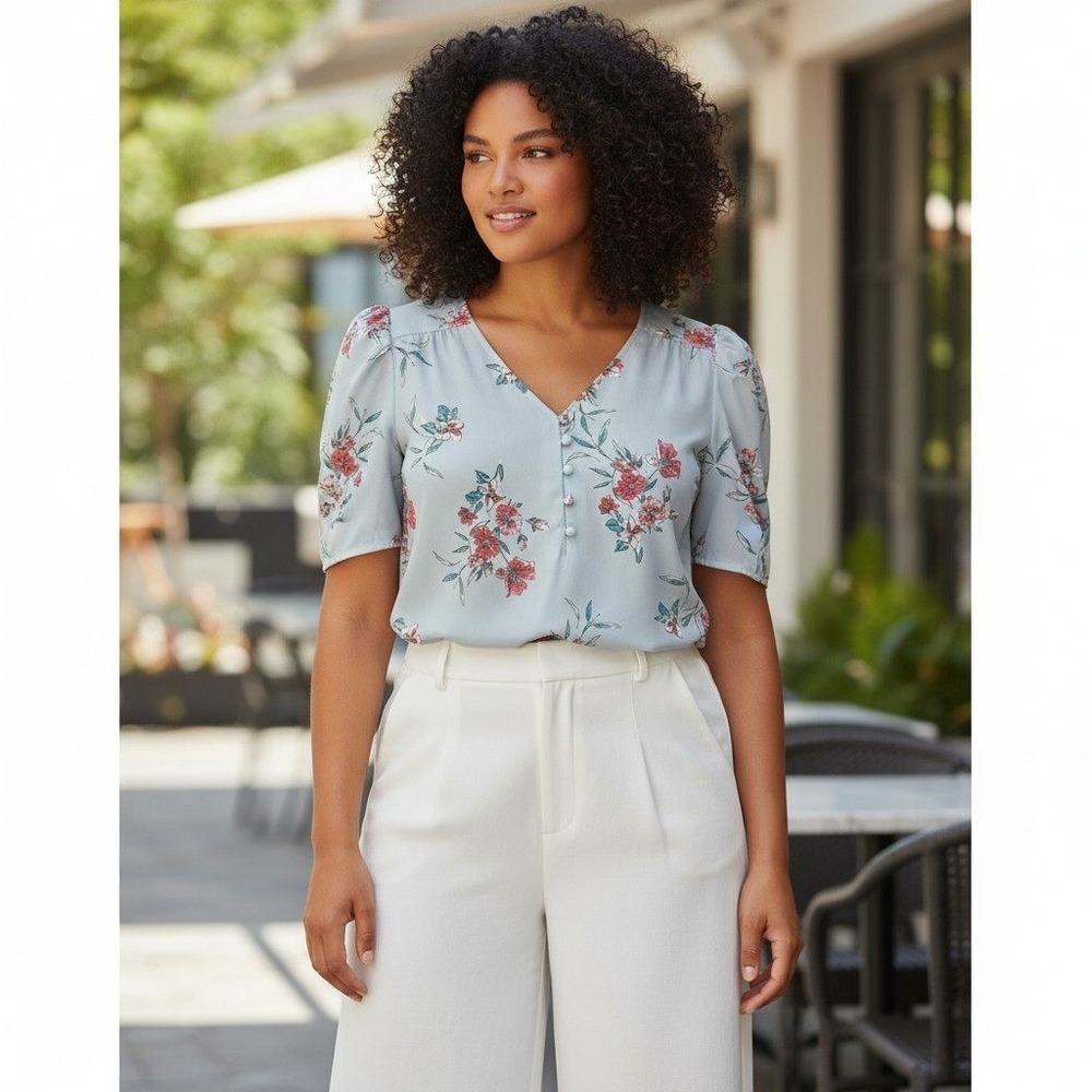 Torrid Harper Womens Georgette Light Blue Floral Blouse Ruched Sleeve V Neck 2X